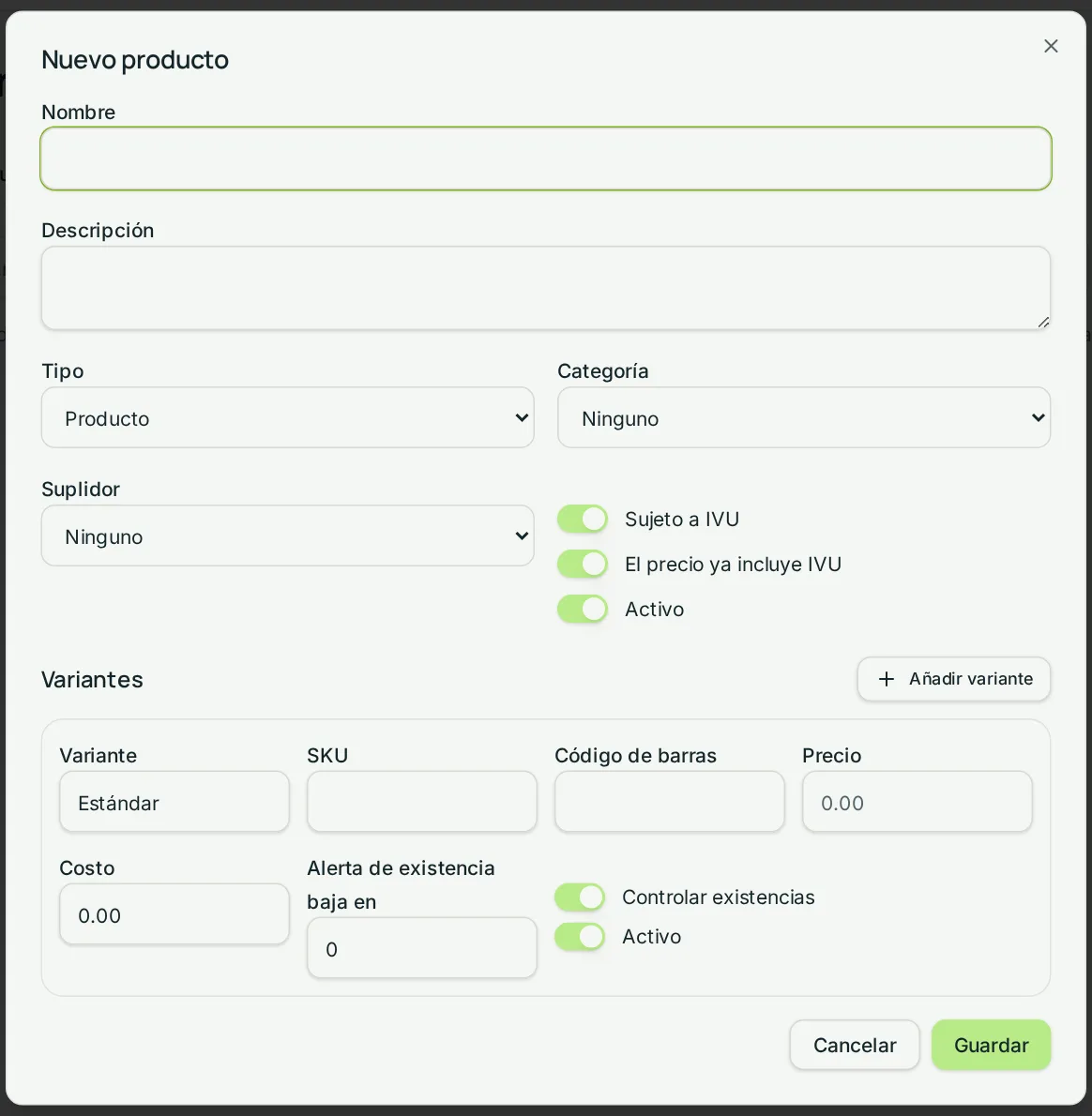 Formulario de nuevo producto con variantes en GymBrix